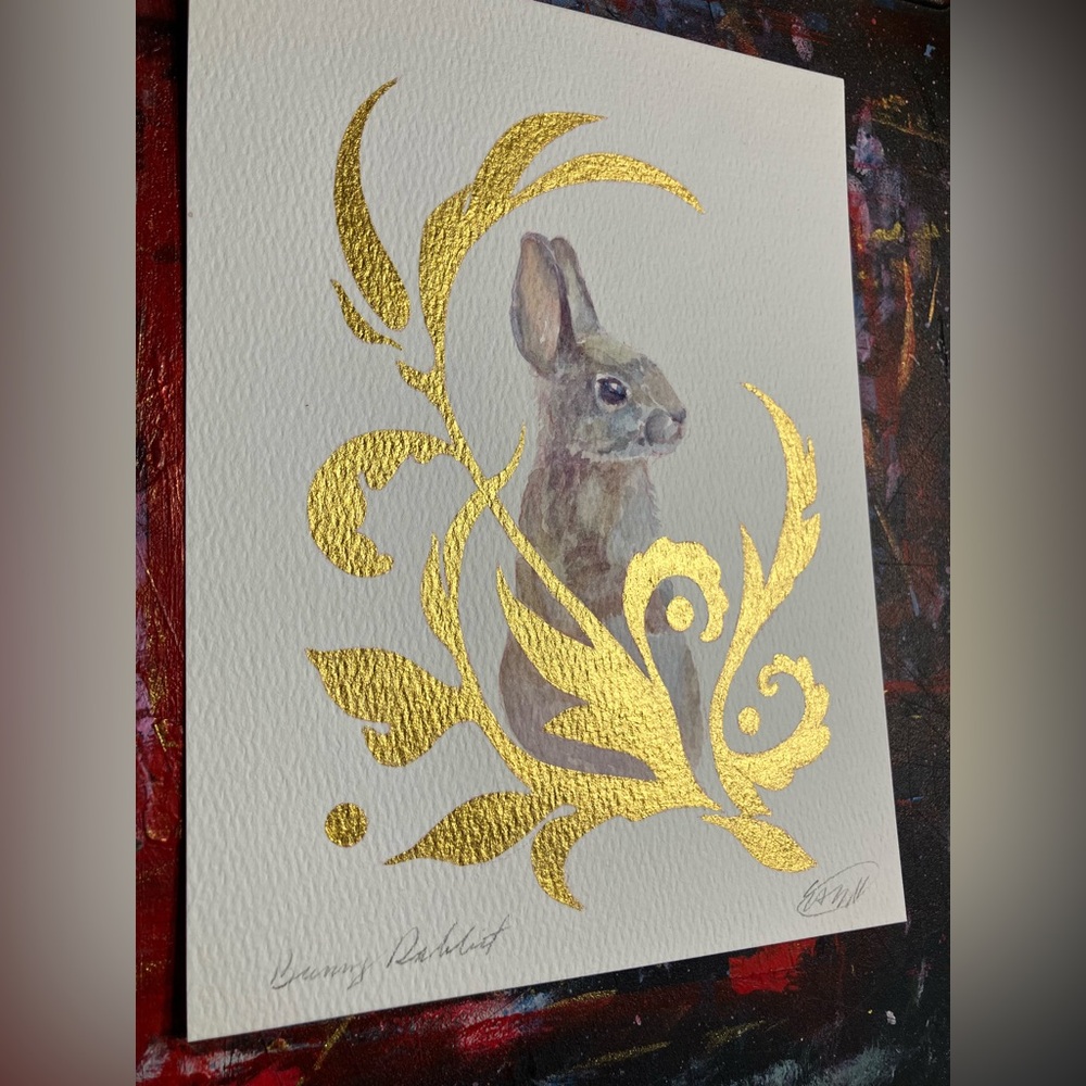 Rabbit Original Watercolor painting Art Bunny Gold accents Floral Artettina USA - Picture 3 of 8